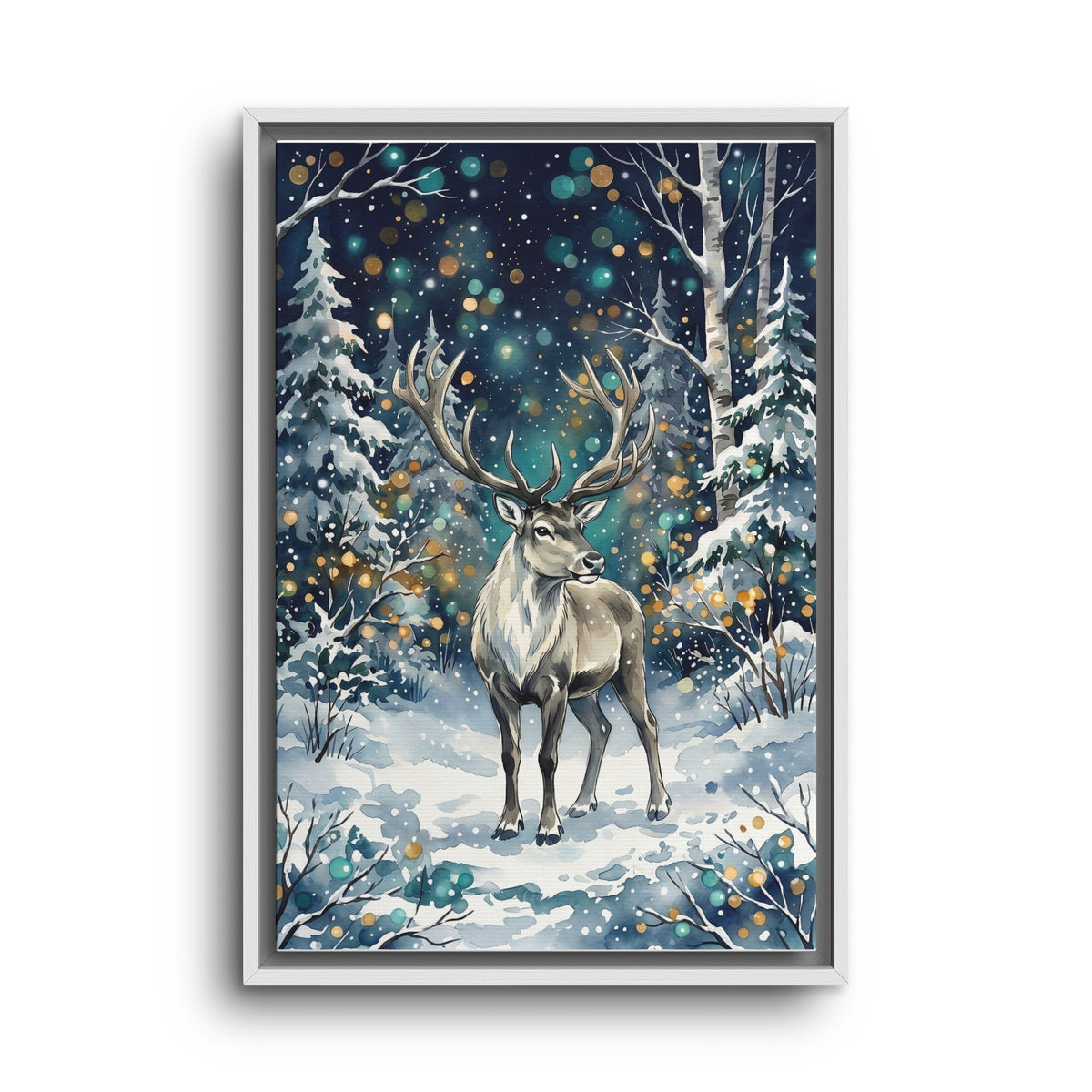 Framed Canvas Winter Reindeer in Snowy Forest