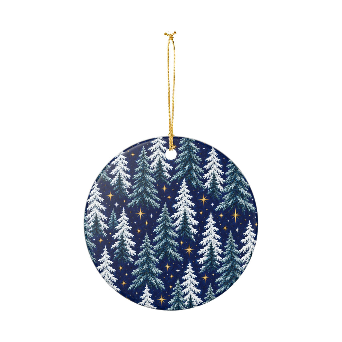 Snowy Pine Forest Ceramic Ornament — Winter Christmas Tree Holiday Decoration