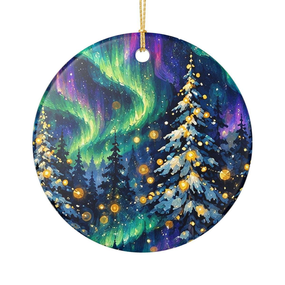 Ceramic Christmas Ornament with Northern Lights and Snowy Pine Trees