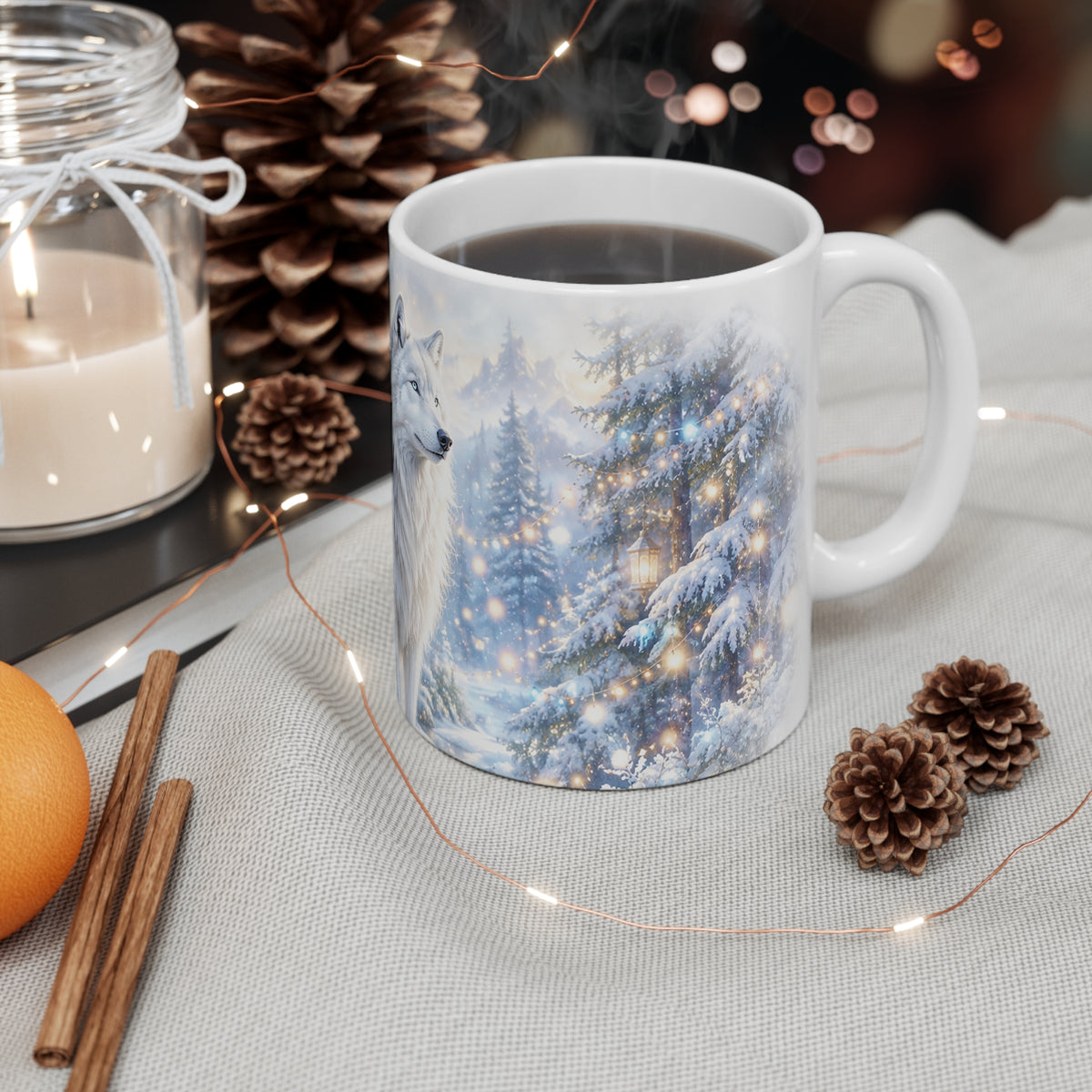 Winter Wolf Mug — 11oz Snowy Forest Coffee Cup