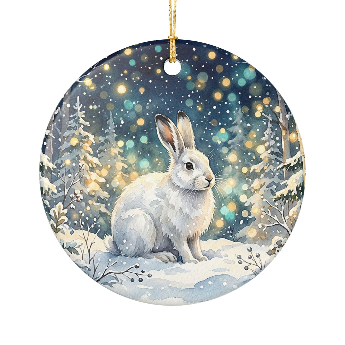 Ceramic Christmas Ornament, Whimsical Winter Bunny in Snowy Forest