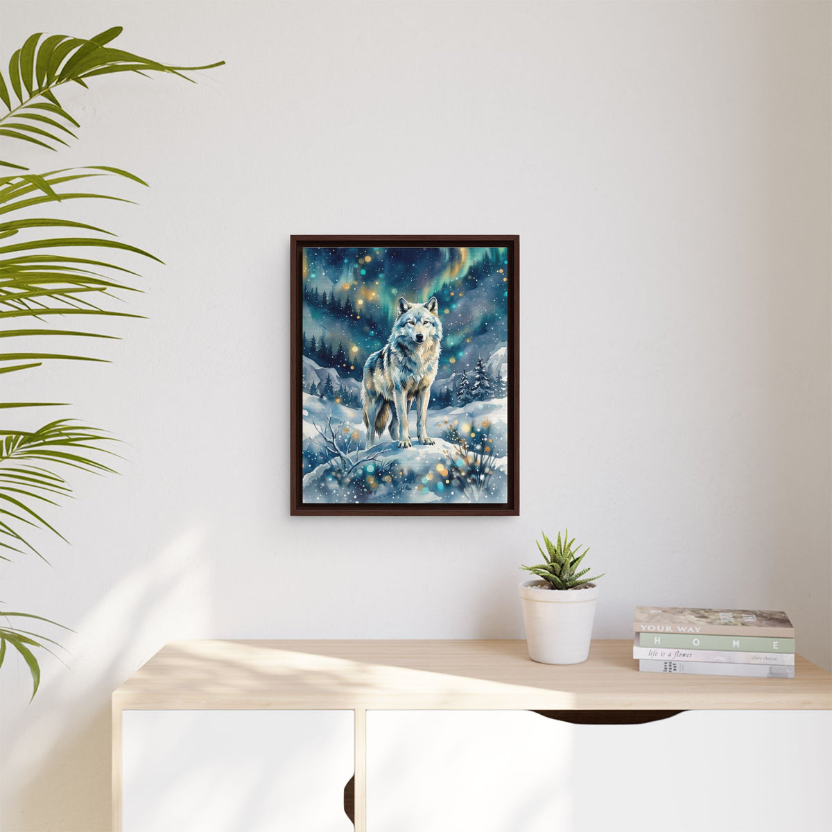 Framed Canvas Wolf Under the Northern Lights