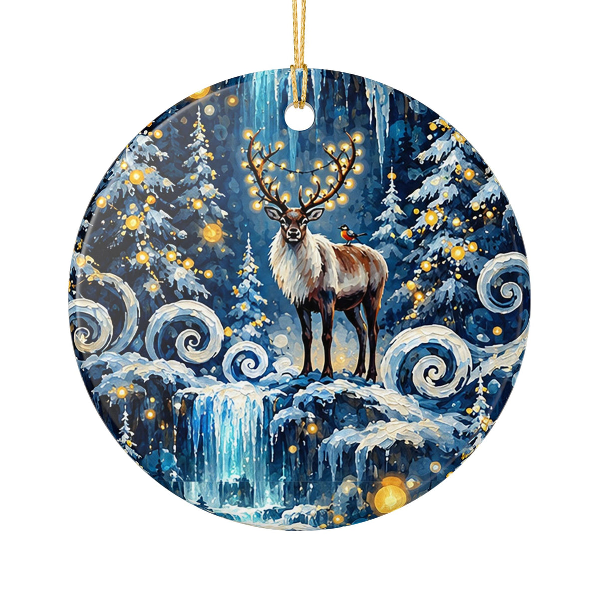 Ceramic Christmas Ornament with Majestic Reindeer in Winter Wonderland