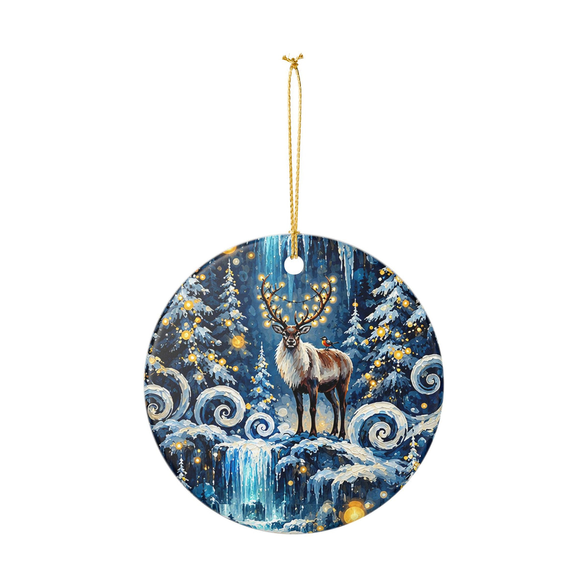 Ceramic Christmas Ornament with Majestic Reindeer in Winter Wonderland