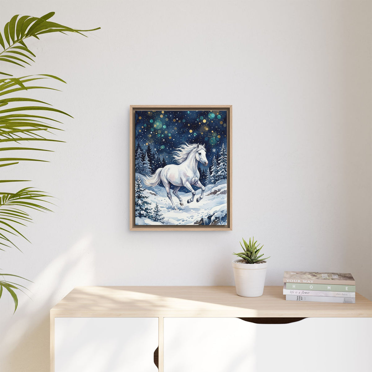 Framed Canvas Winter Unicorn in a Snowy Forest