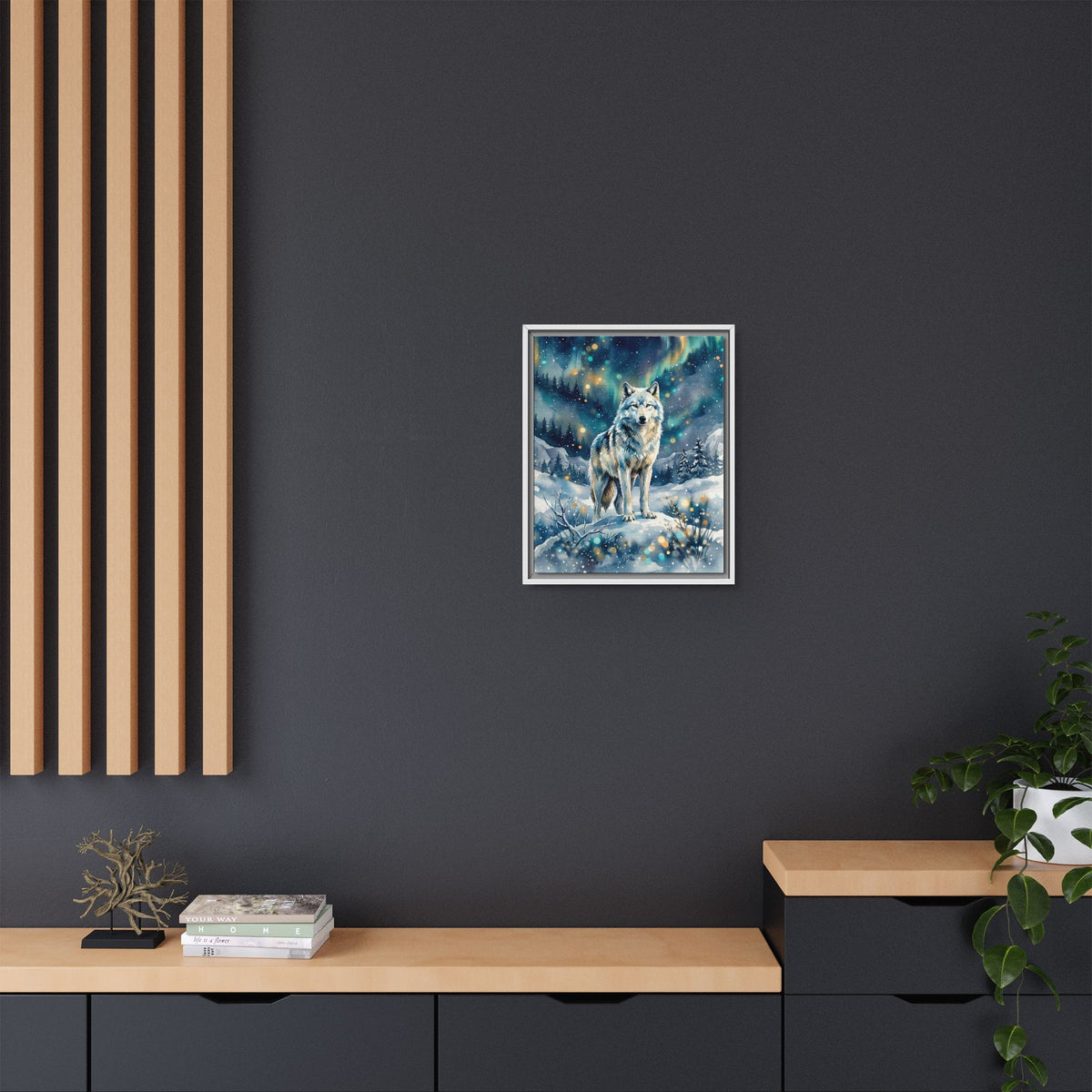 Framed Canvas Wolf Under the Northern Lights