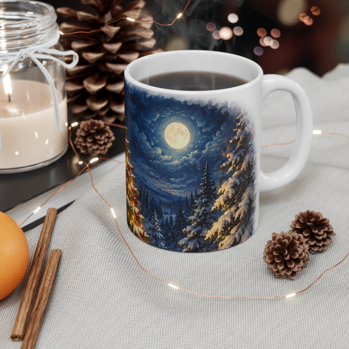 Christmas Tree Mug - Festive 11oz Holiday Coffee Cup with Moonlit Winter Scene