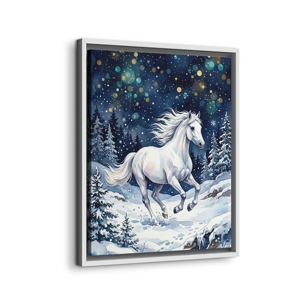 Framed Canvas Winter Unicorn in a Snowy Forest
