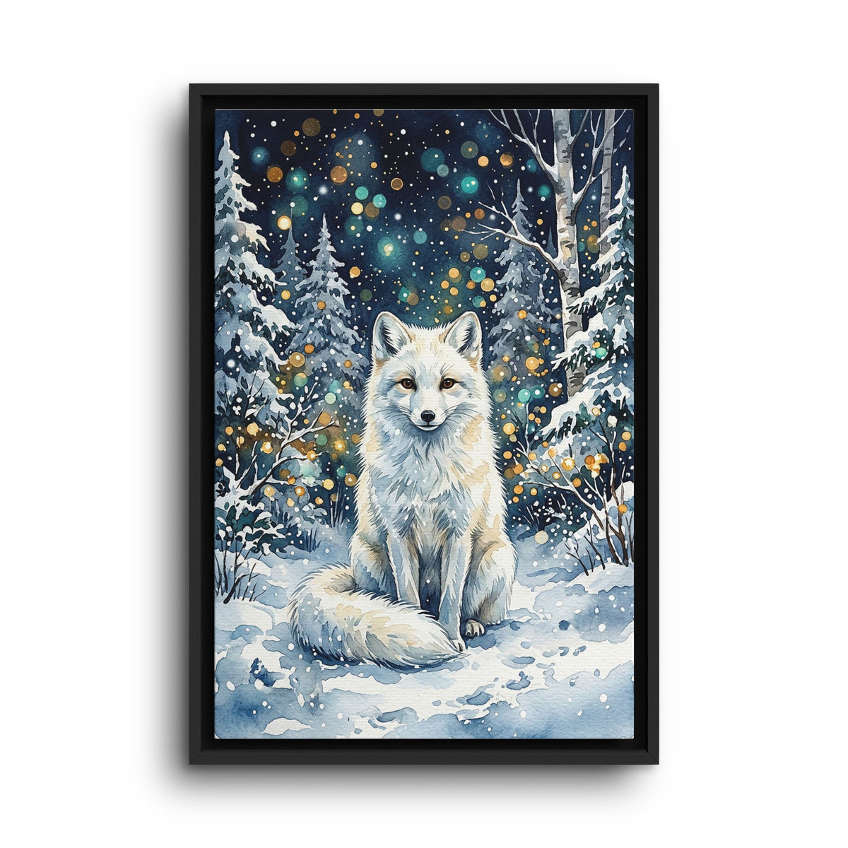 Framed Canvas: Winter White Fox in Snowy Forest