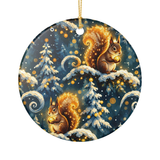 Squirrel Winter Ceramic Ornament — Festive Snowy Tree Holiday Decoration