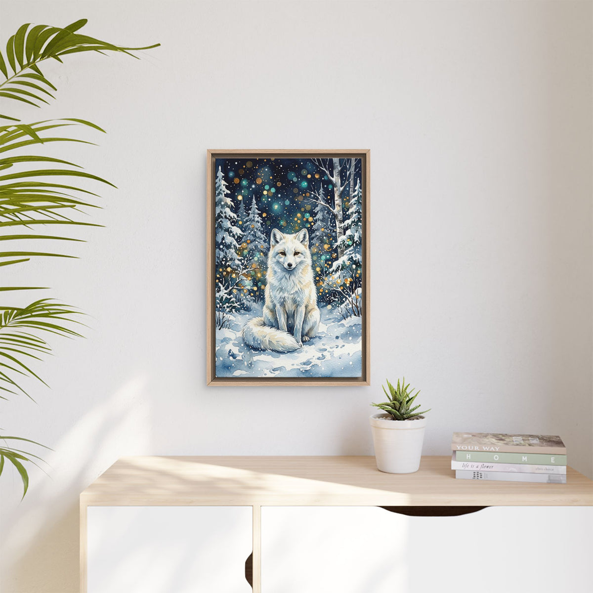 Framed Canvas: Winter White Fox in Snowy Forest