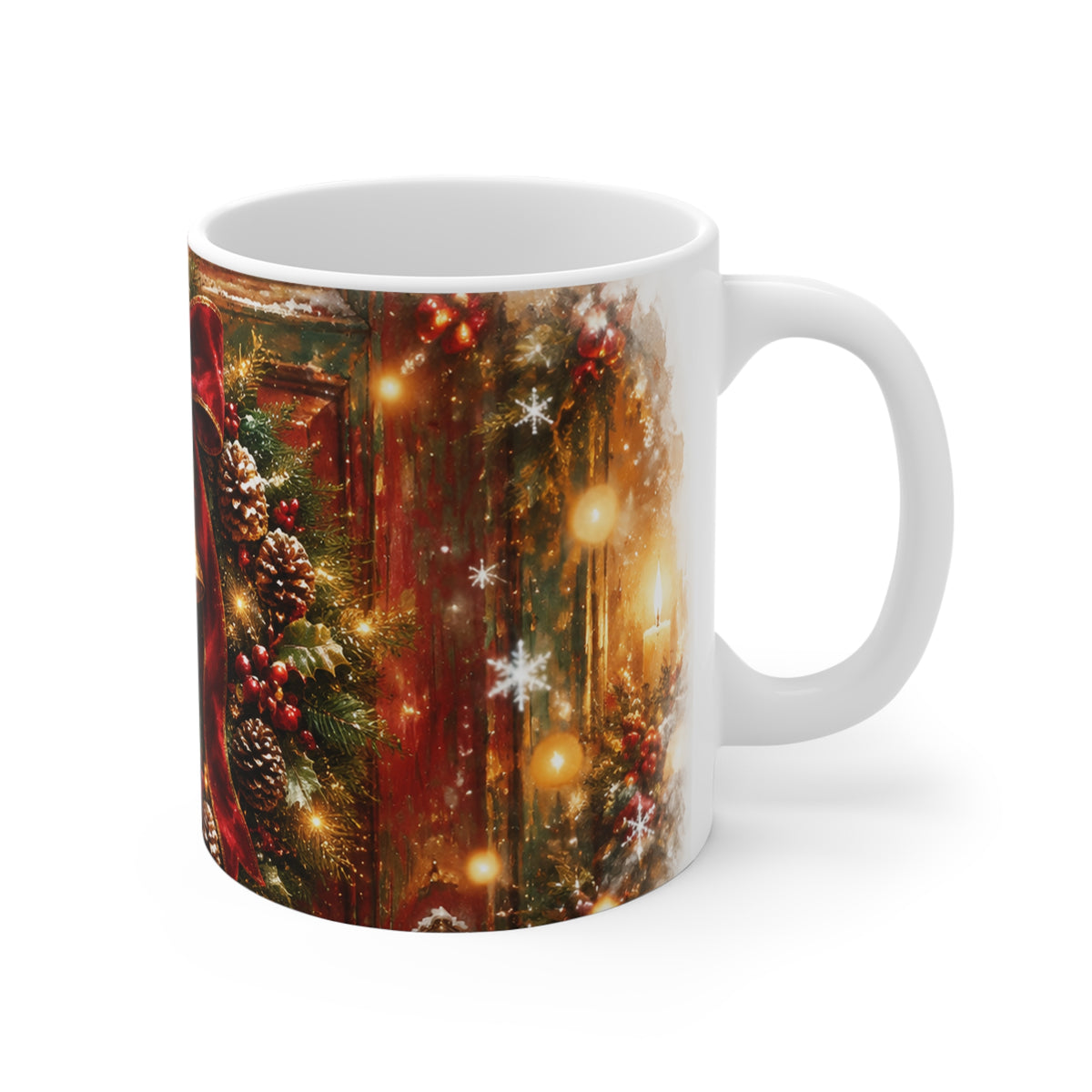 Christmas Wreath Mug – Festive Bells & Red Bow Holiday Coffee Cup (11 oz)