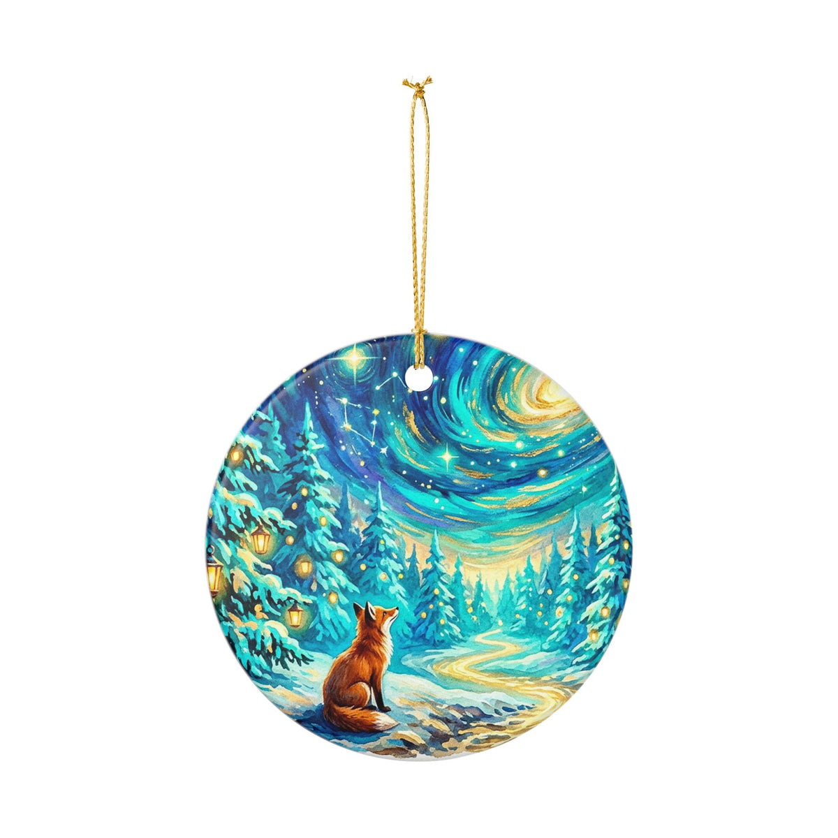 Ceramic Ornament, Mystical Winter Fox Under the Starry Night Sky