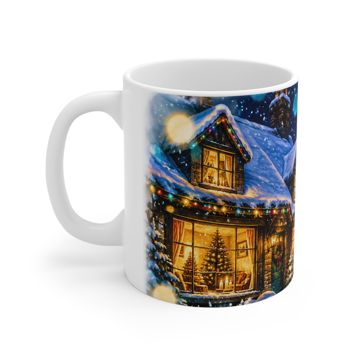 Christmas Cottage Mug – Snowy Night Holiday Coffee Cup with Cozy Lit Windows