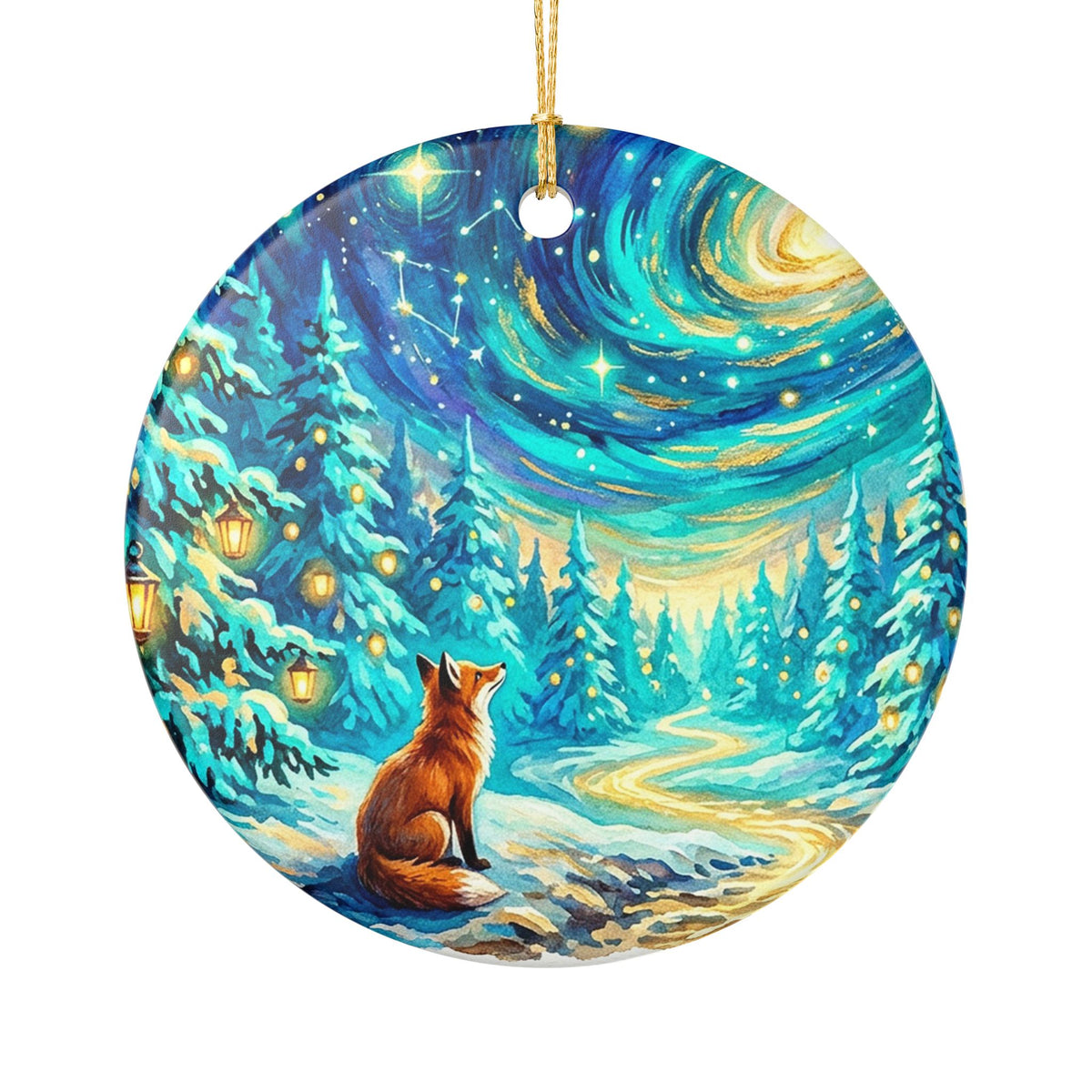 Ceramic Ornament, Mystical Winter Fox Under the Starry Night Sky