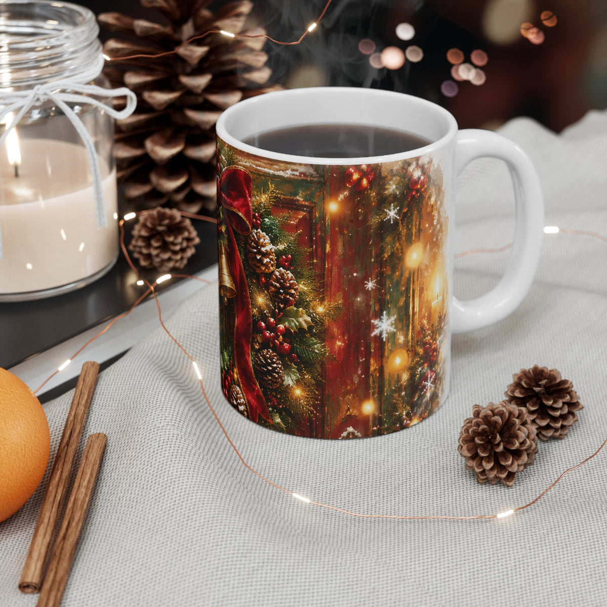 Christmas Wreath Mug – Festive Bells & Red Bow Holiday Coffee Cup (11 oz)