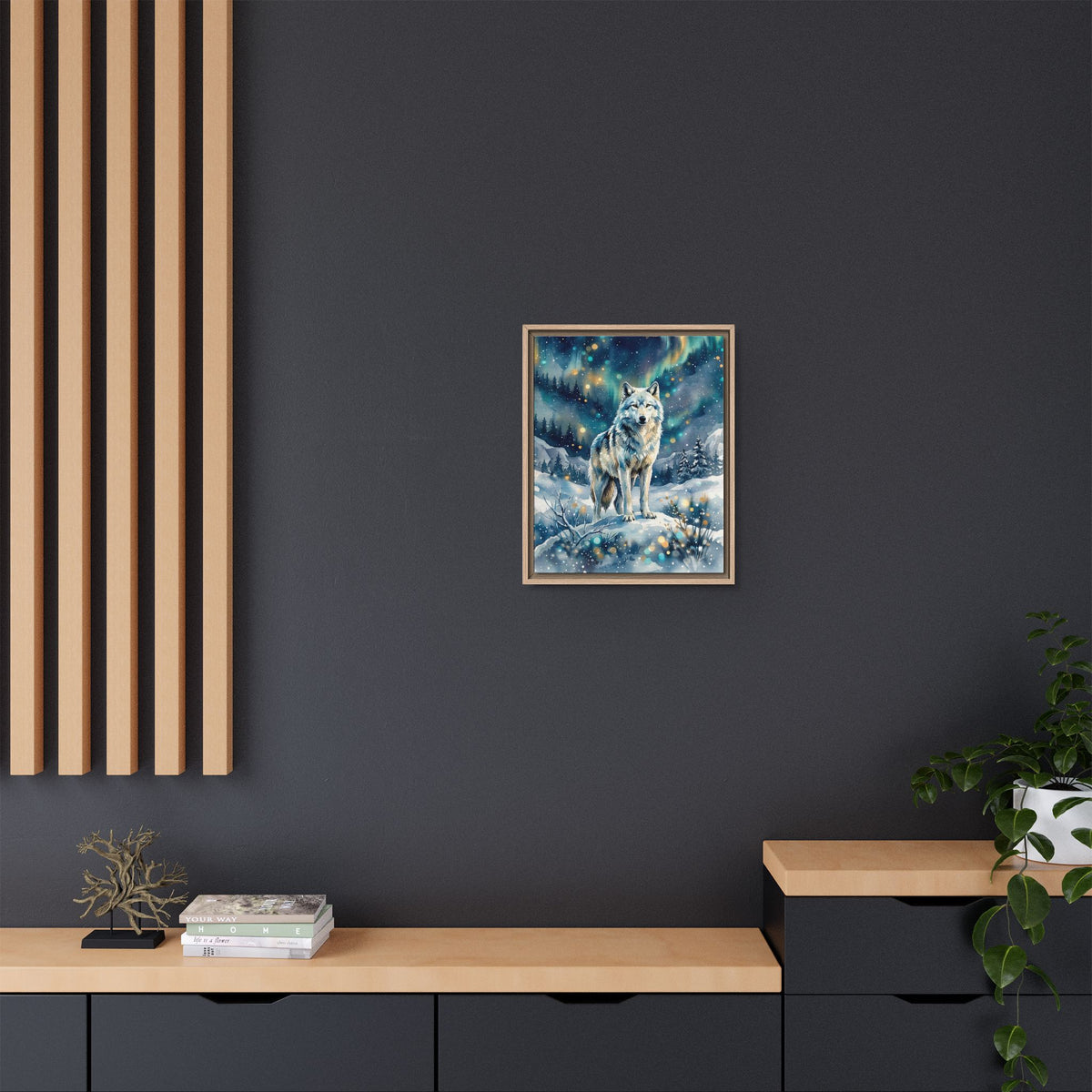 Framed Canvas Wolf Under the Northern Lights