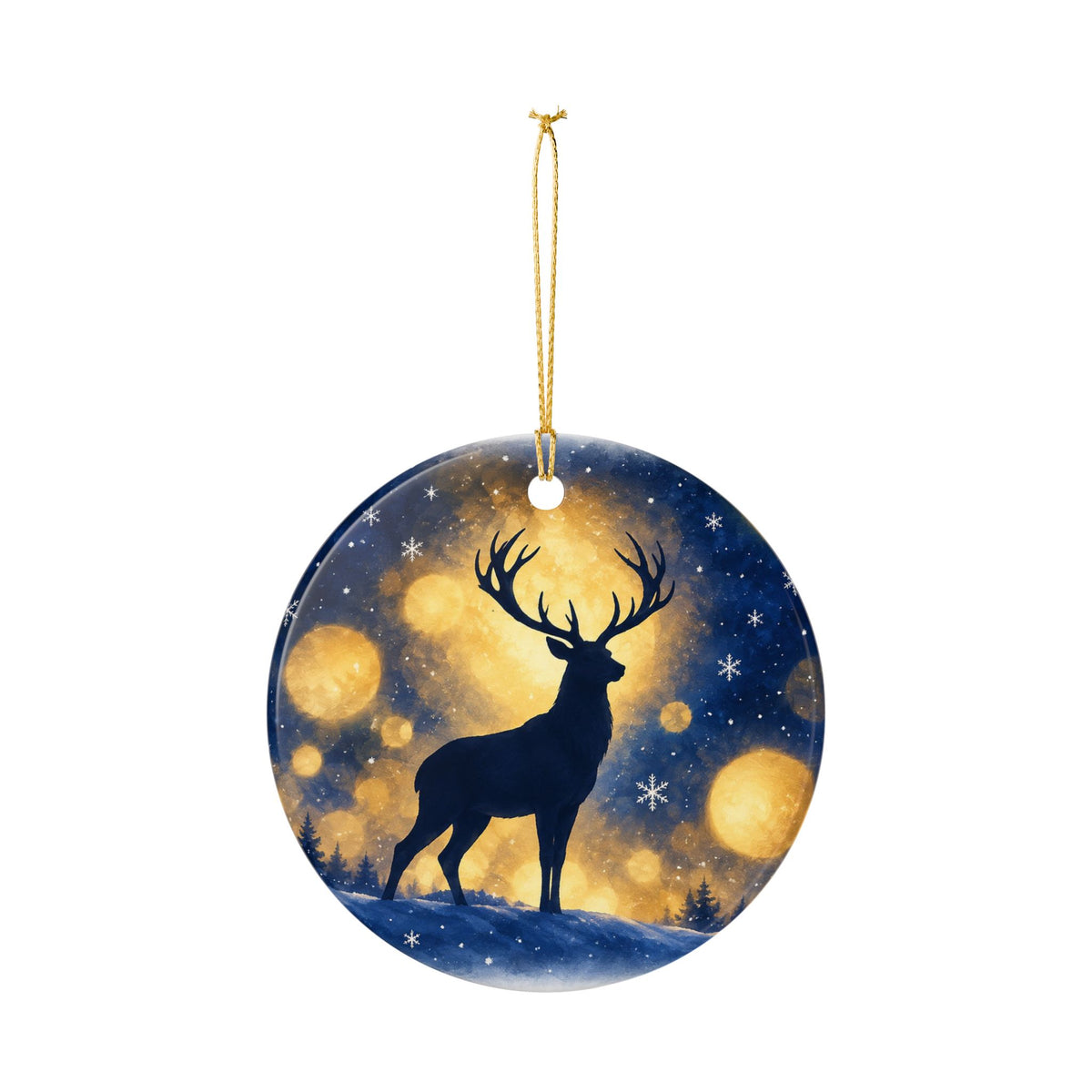 Ceramic Christmas Ornament with Majestic Reindeer Under a Starry Night Sky