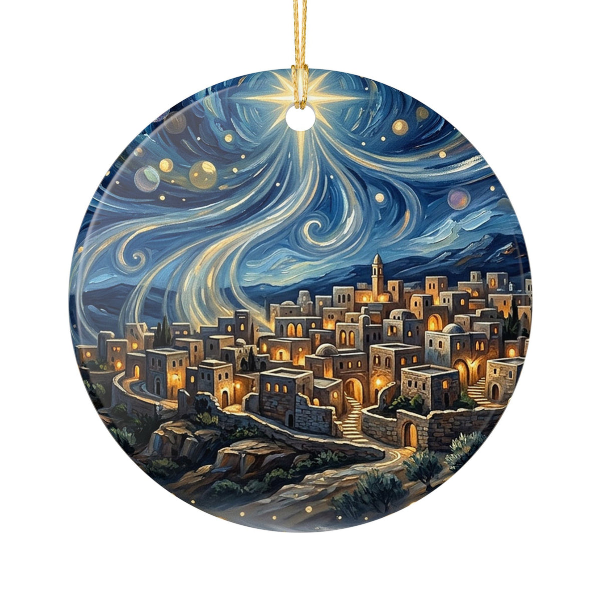Ceramic Ornament – Starry Night Cityscape Holiday Tree Decoration