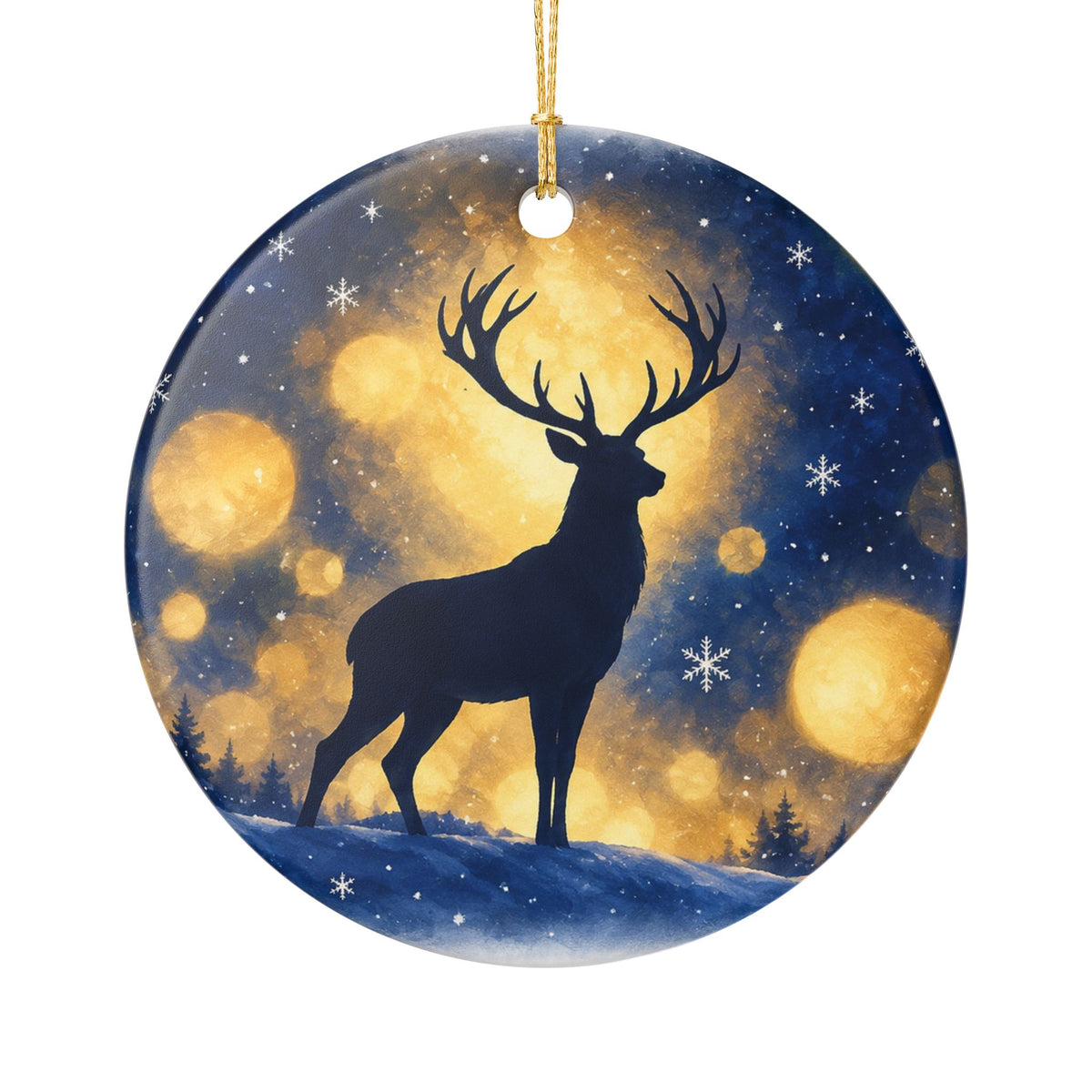 Ceramic Christmas Ornament with Majestic Reindeer Under a Starry Night Sky