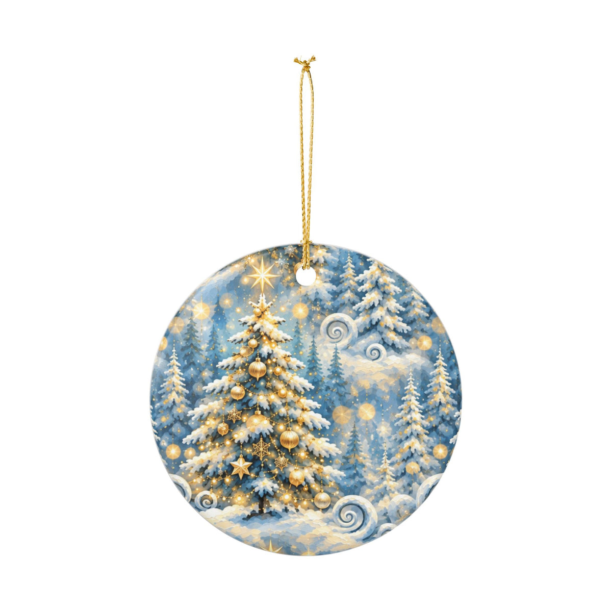 Snowy Gold Tree Ceramic Ornament — Winter Forest Christmas Decoration