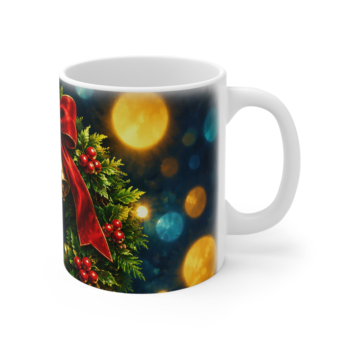 Christmas Wreath Mug 11oz – Festive Holly, Bells & Red Bow Holiday Coffee Cup