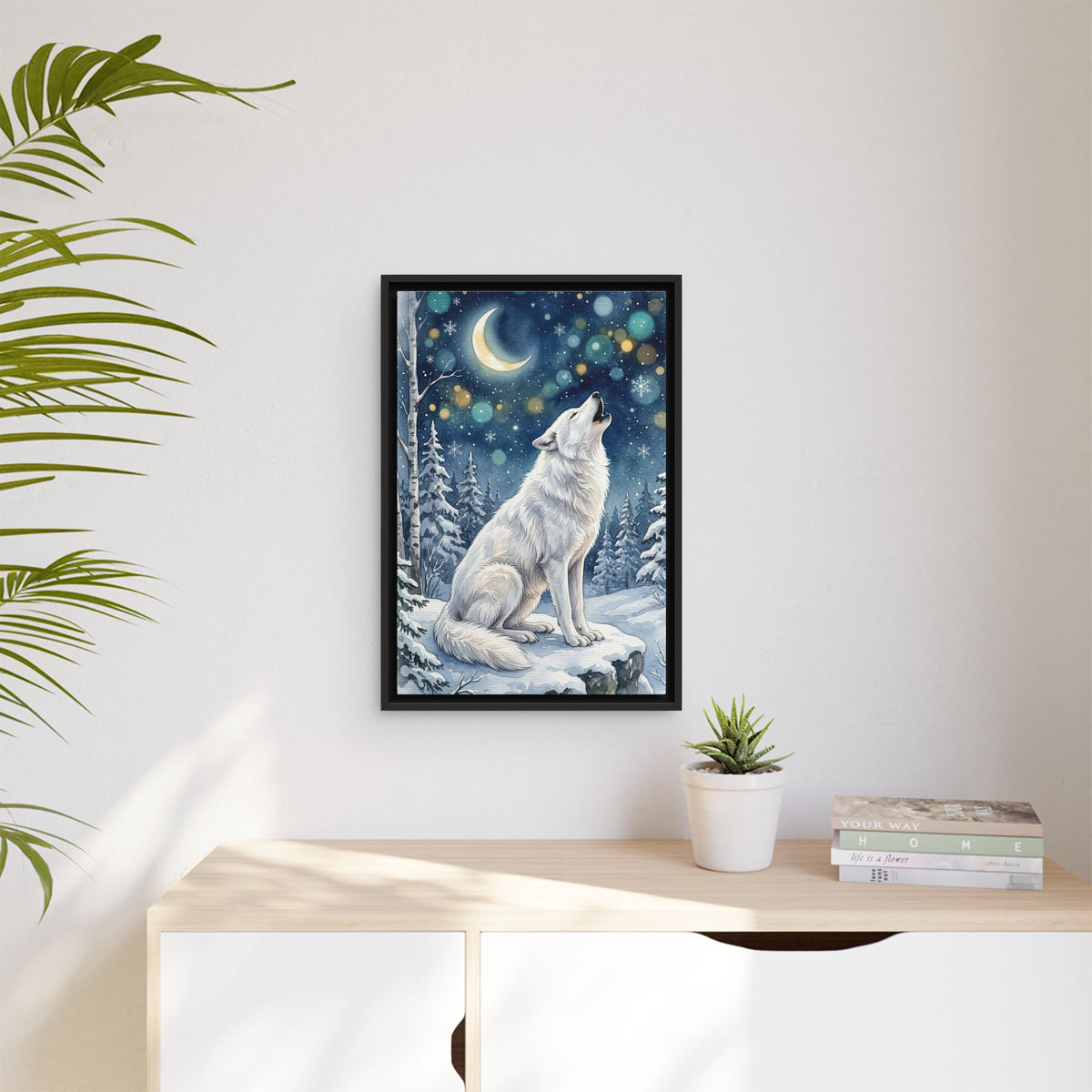 Framed Canvas Wall Art – Howling Wolf Under Moonlight