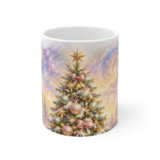 Christmas Tree Mug - Festive 11oz Holiday Coffee Cup with Star-Topped Pine and Soft Snowy Glow