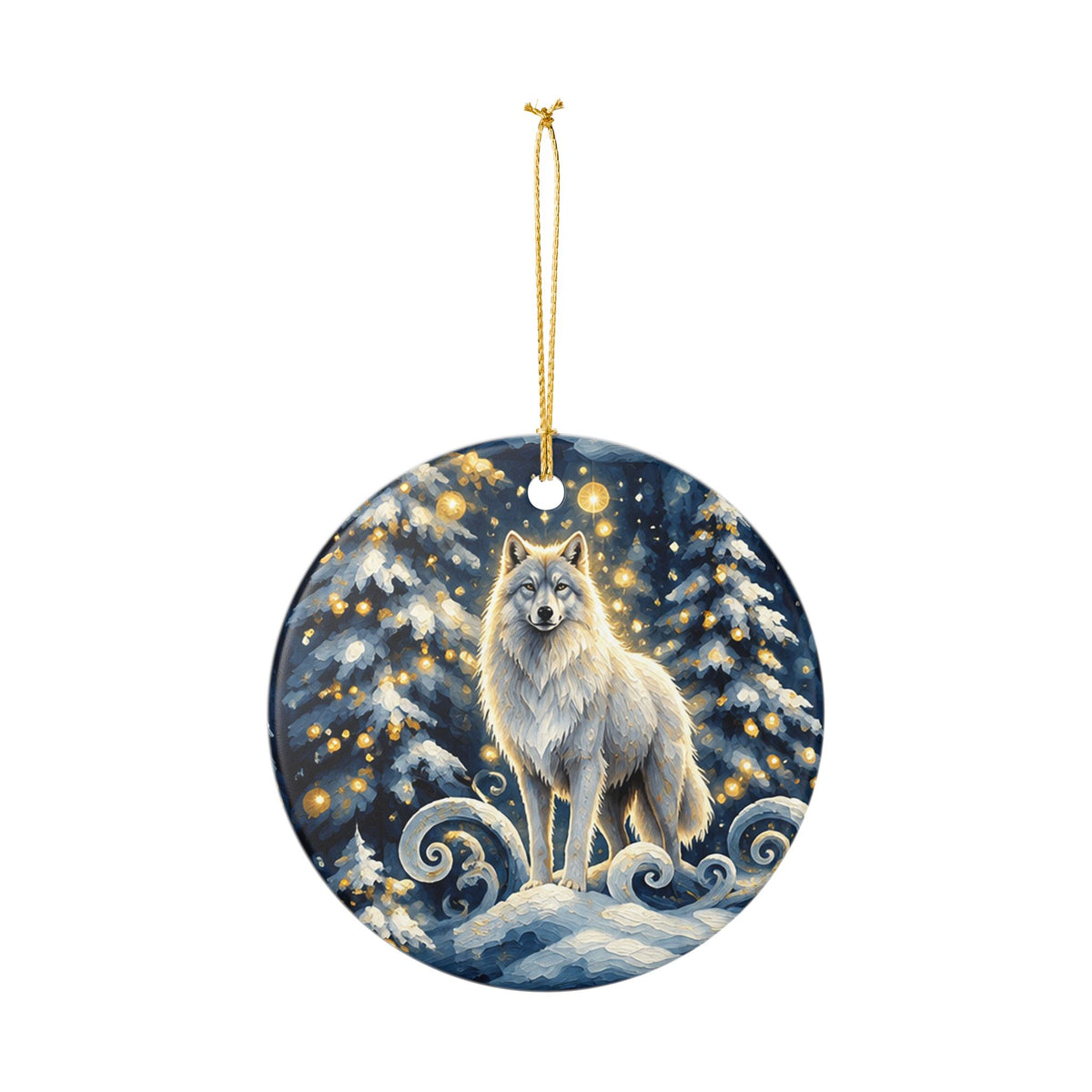 Ceramic Christmas Ornament – Winter Wolf in Enchanted Snowy Forest
