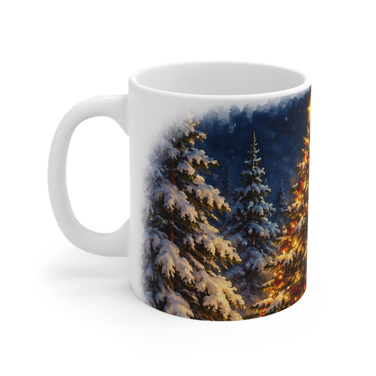 Christmas Tree Mug - Festive 11oz Holiday Coffee Cup with Moonlit Winter Scene