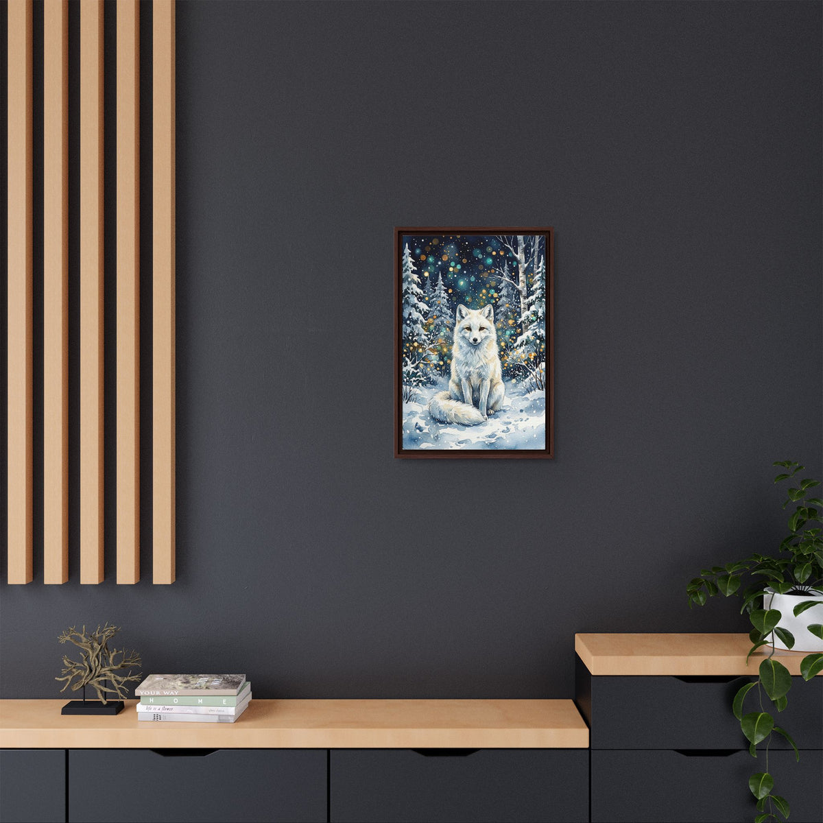 Framed Canvas: Winter White Fox in Snowy Forest