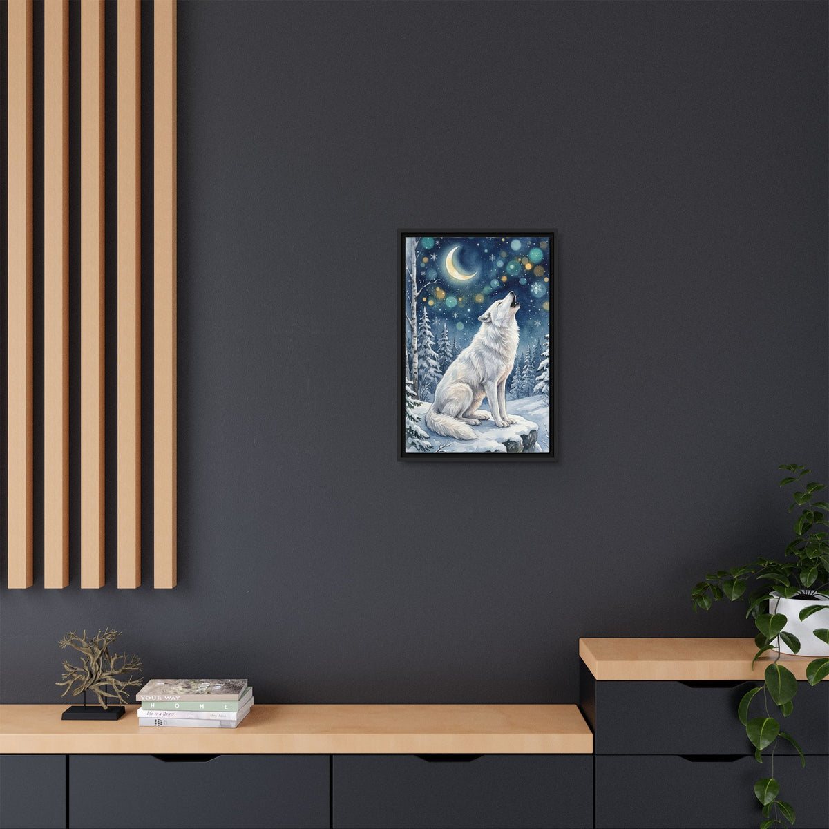 Framed Canvas Wall Art – Howling Wolf Under Moonlight
