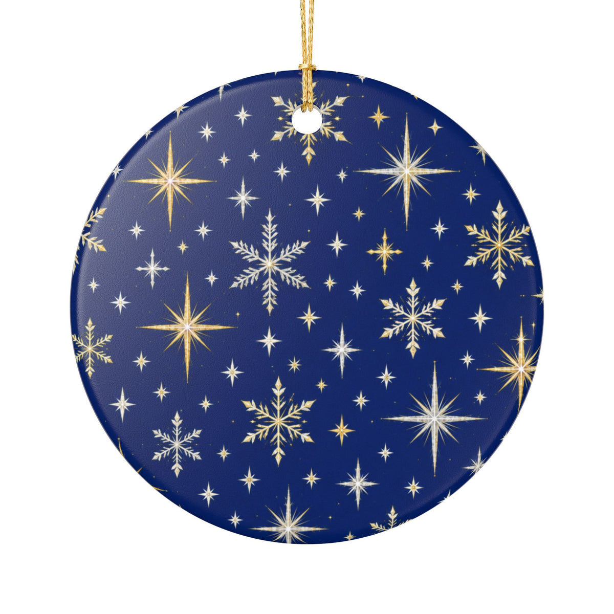 Ceramic Christmas Ornament with Gold Stars and Snowflakes