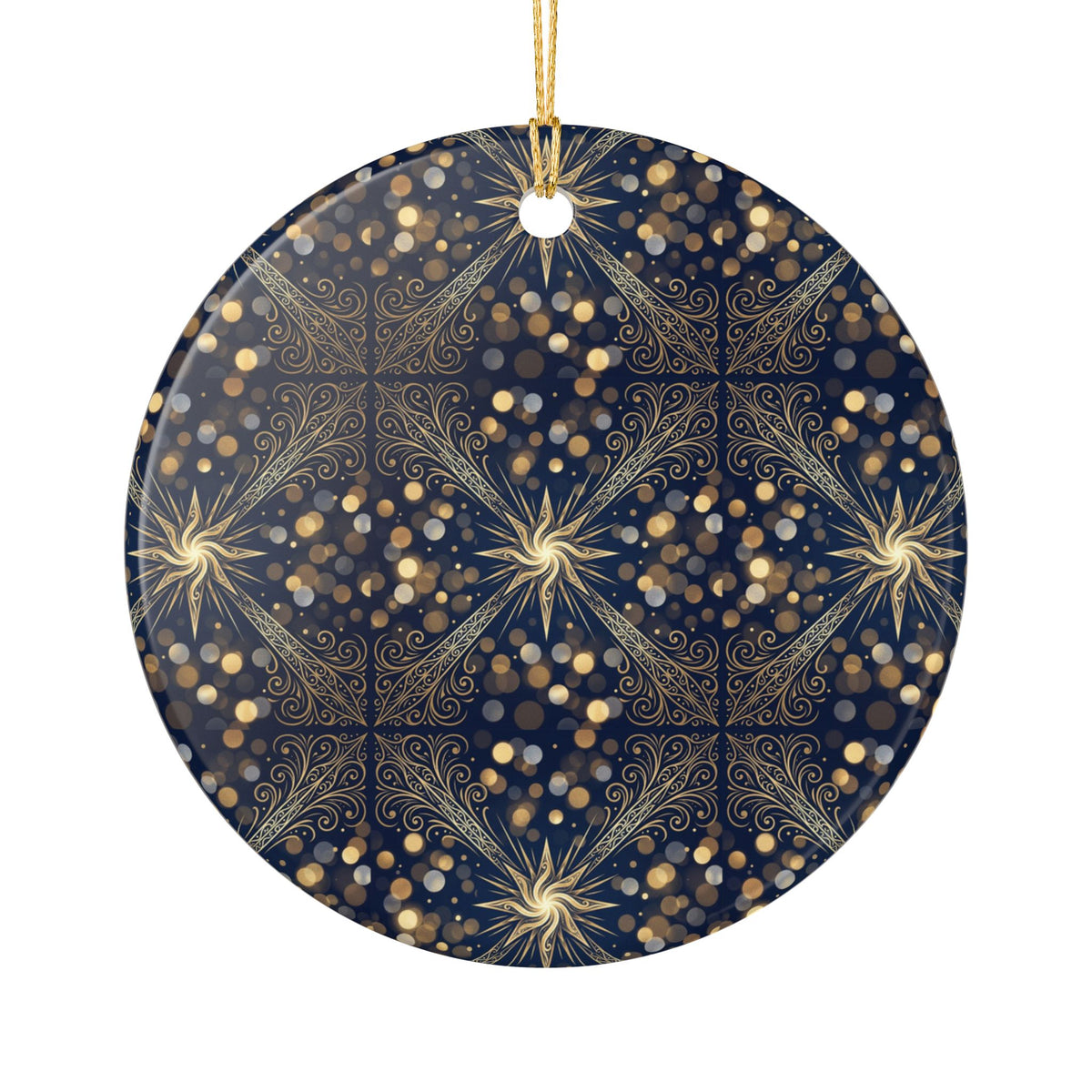 Ceramic Ornament – Elegant Midnight Blue and Gold Starburst Holiday Tree Decoration