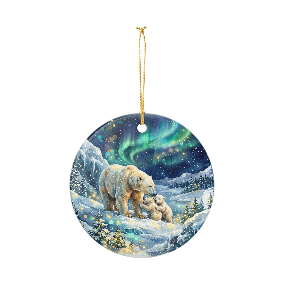 Polar Bear Family Aurora Borealis Ceramic Ornament
