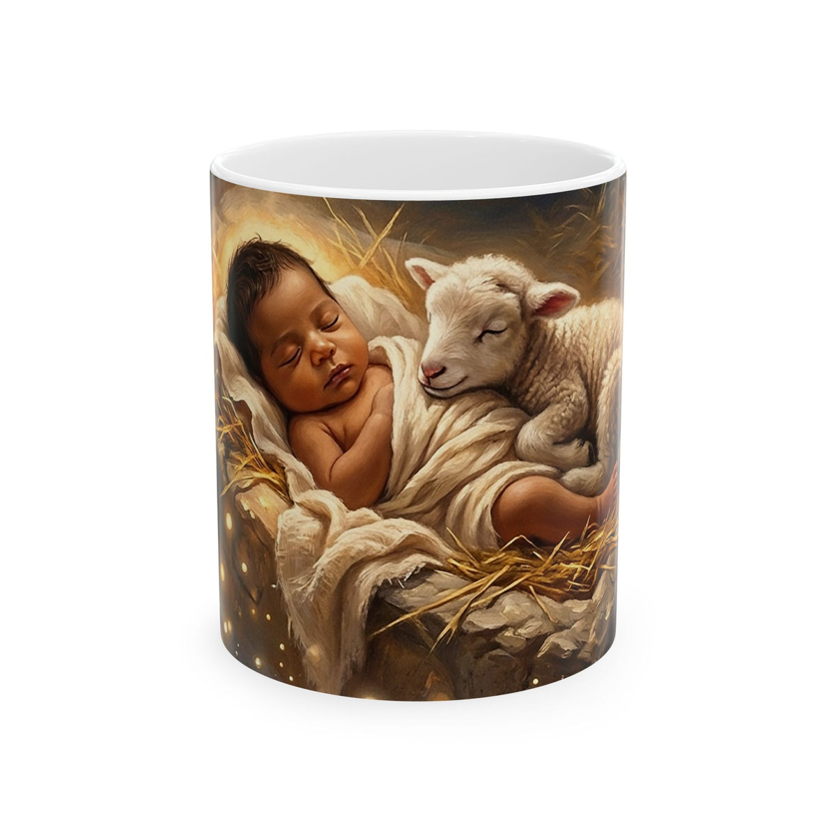 Ceramic Mug with Sleeping Baby and Lamb, Tender Nursery Art