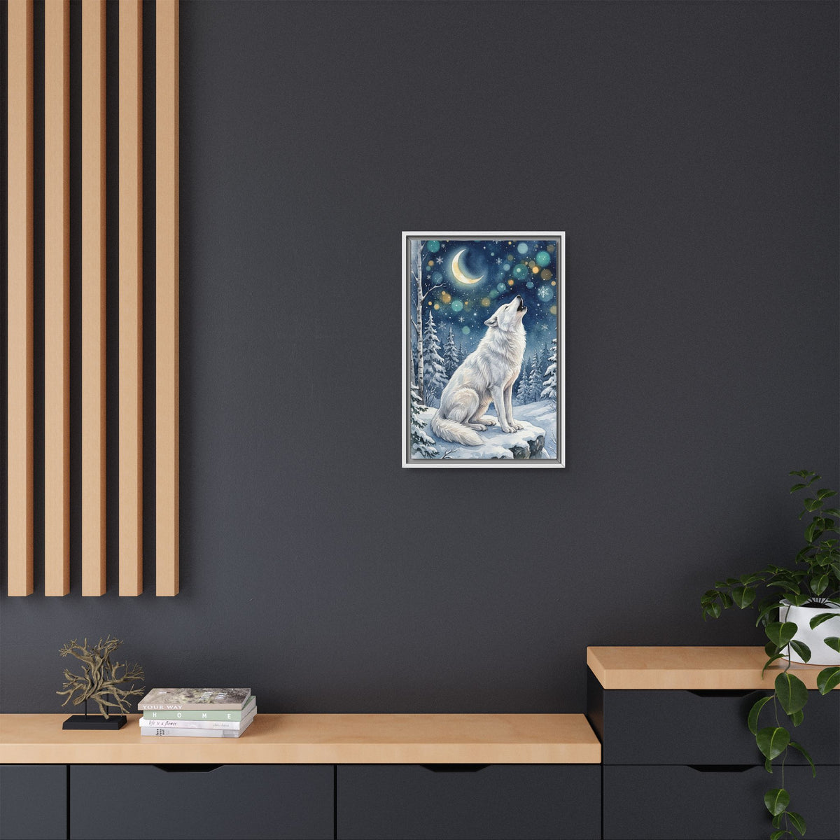 Framed Canvas Wall Art – Howling Wolf Under Moonlight