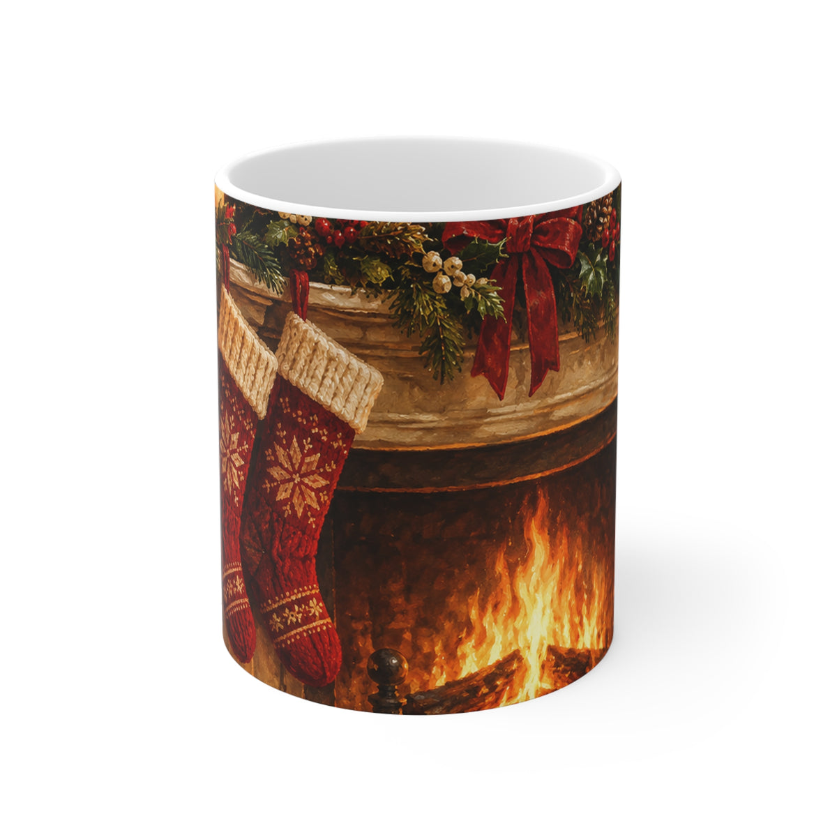 Christmas Fireplace Mug — Cozy Holiday Stockings & Tree 11oz