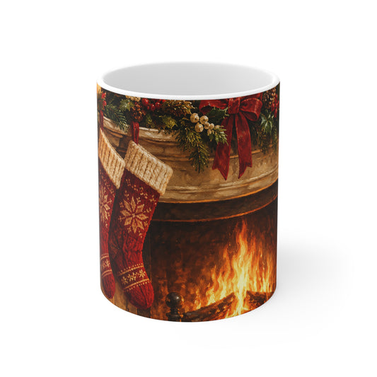 Christmas Fireplace Mug — Cozy Holiday Stockings & Tree 11oz