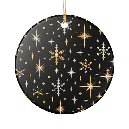 Gold & Silver Snowflake Ceramic Ornament — Black Holiday Tree Decoration