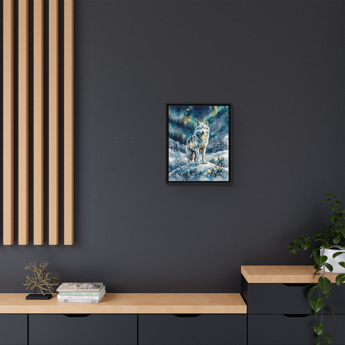 Framed Canvas Wolf Under the Northern Lights