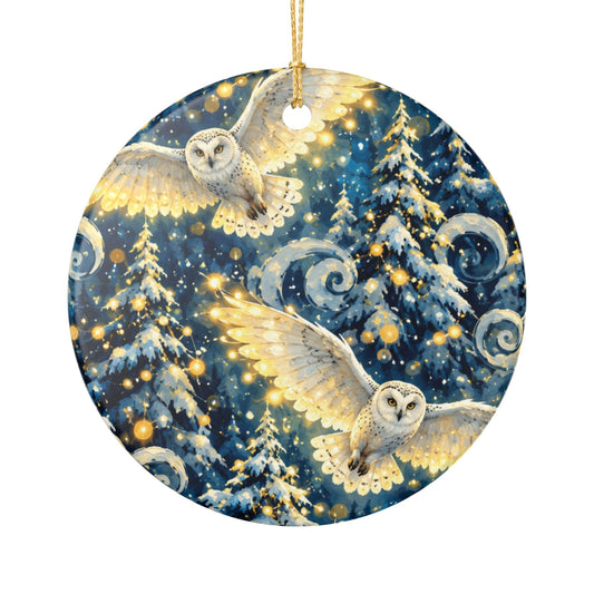 Barn Owl Winter Forest Ceramic Ornament — Round Holiday Tree Decoration
