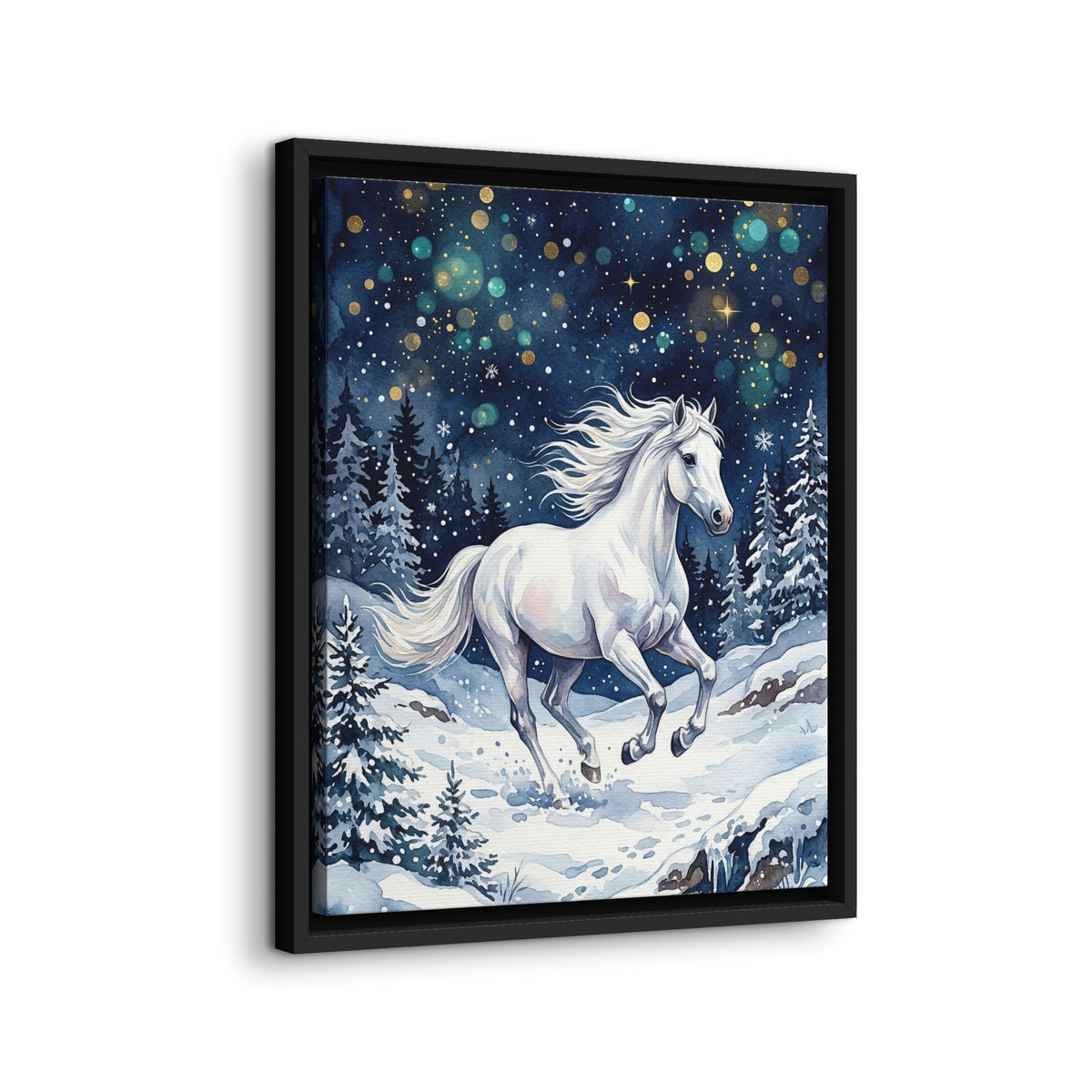 Framed Canvas Winter Unicorn in a Snowy Forest