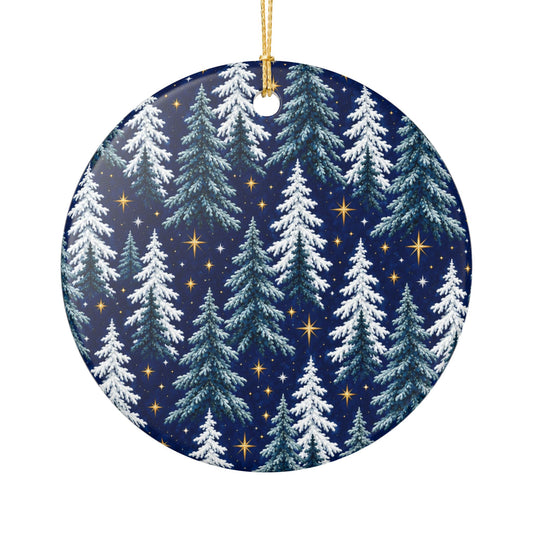 Snowy Pine Forest Ceramic Ornament — Winter Christmas Tree Holiday Decoration