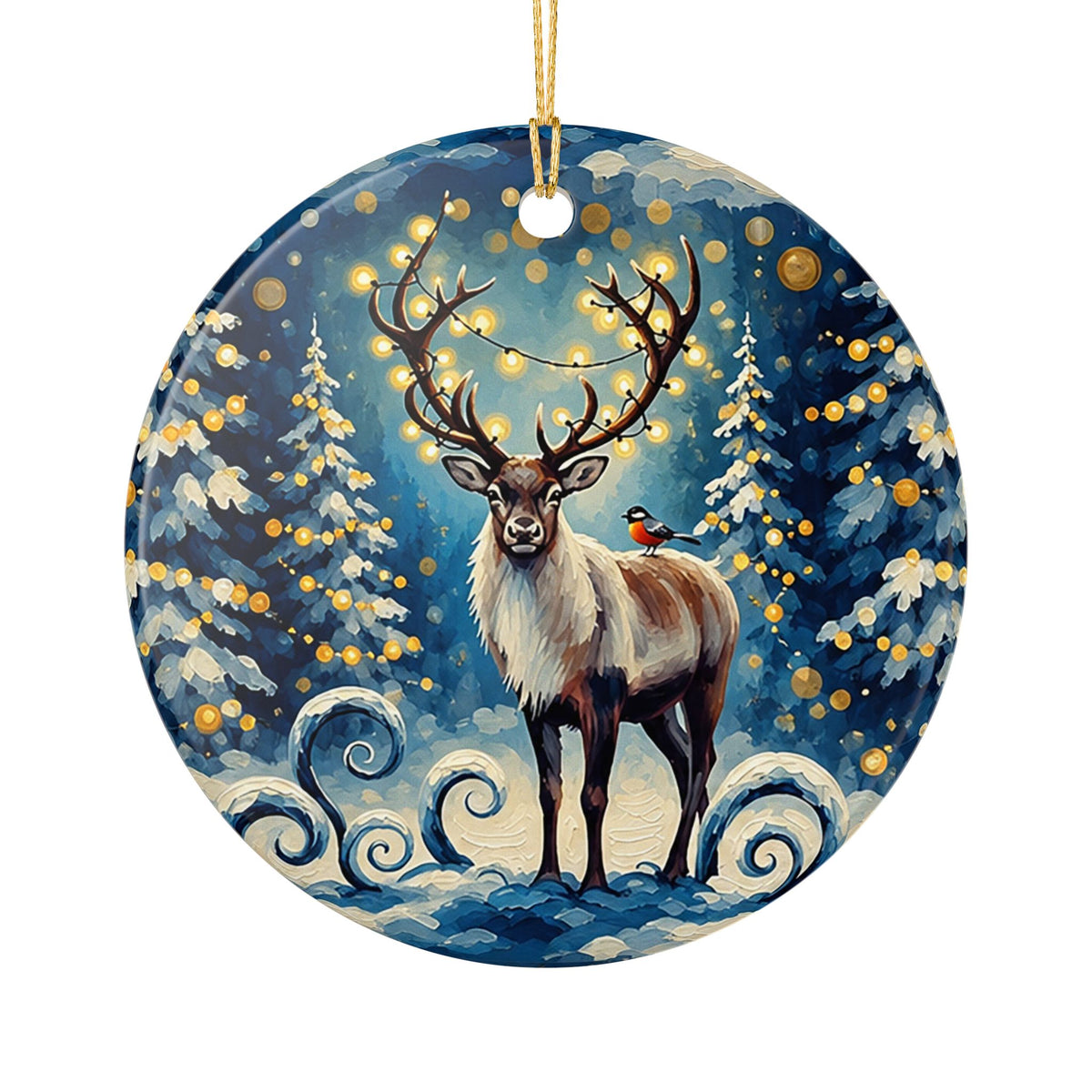 Ceramic Ornament – Winter Reindeer in Enchanted Forest
